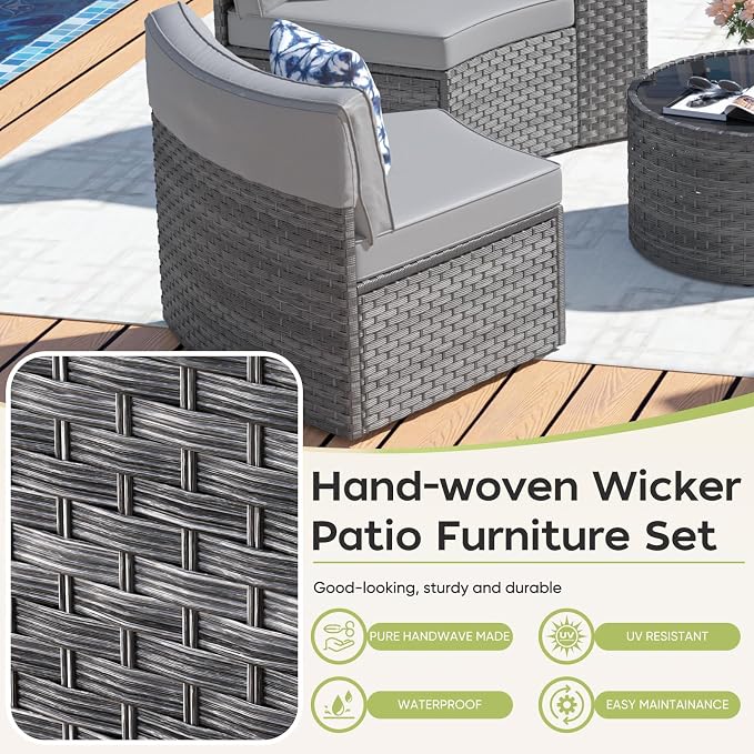 ABCASA Outdoor Patio Furniture Set with Coffee Table,7 Pieces Half-Moon Curved Outdoor Sectional Sofa and Side Table Waterproof Cover, Wicker Rattan Patio Coversation Set for Porch,Backyard(Grey)