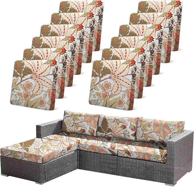 CALBODE 12Pcs High Elastic Digitally Printed Sofa Seat Cushion Cover, Soft & Comfortable Reusable Floral Print Stretch Couch Cushion Slipcover for Outdoor Furniture Protector Replacement(Cover Only