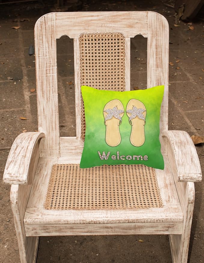 Caroline's Treasures BB7454PW1818 Flip Flops Welcome Fabric Decorative Pillow Machine Washable, Indoor Outdoor Decorative Pillow for Couch, Bed or Patio, 18Hx18W