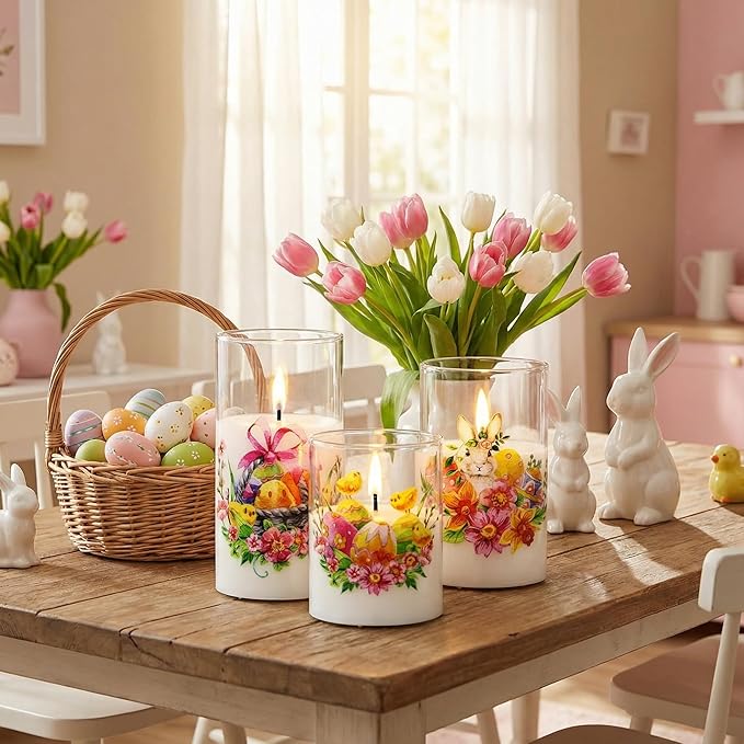 Eywamage Spring LED Candles with Remote, Flickering Glass Flameless Pillar Candles Battery Candles Easter Home Table Decor Set of 3