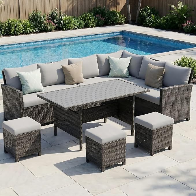 Wisteria Lane 7 Piece Patio Furniture Set, High Curved Back Wicker Outdoor Dining Set, All Weather Patio Sectional, Outdoor Furniture Patio Conversation Set with Ottoman, Grey