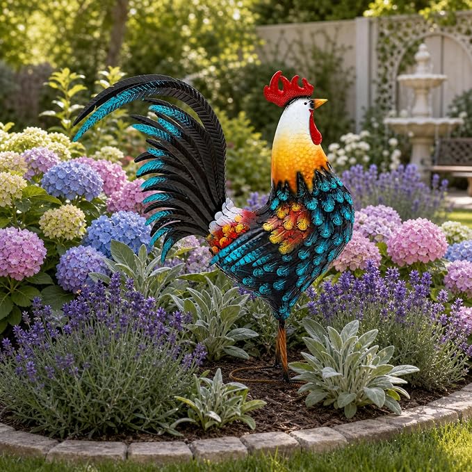32" Majestic Metal Rooster Yard Decor, Large Outdoor Garden Statue | Outdoor Chicken Sculpture, 3D Hand-Painted, Rustic Farmhouse Style, Weather-Resistant Iron, Backyard Patio Lawn Garden