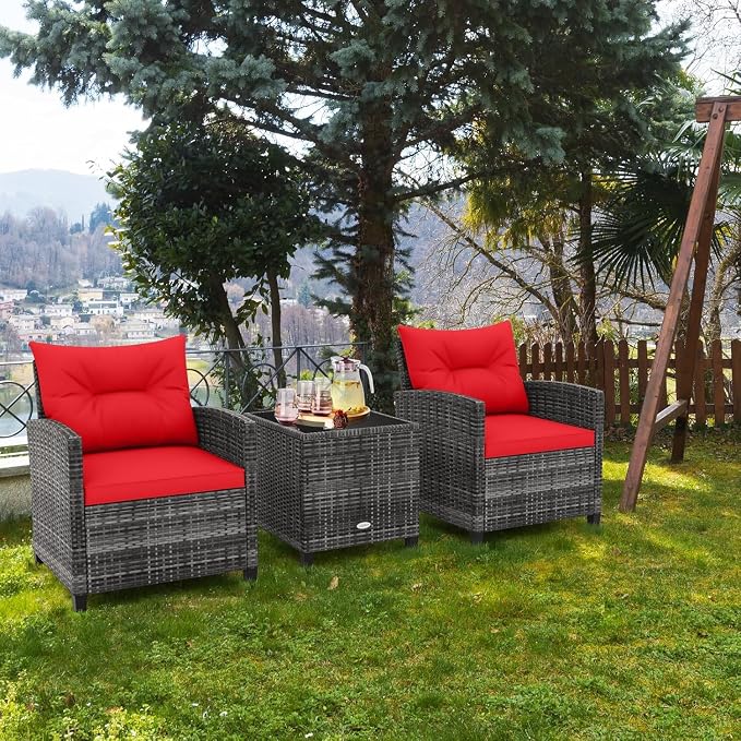 LDAILY Patio Furniture Set, 3 Pieces PE Rattan Wicker Patio Sofa Chairs with Washable Cushion & Glass Table, Outdoor Furniture Conversation Sets for Porch, Balcony, Garden, Poolside (Red)