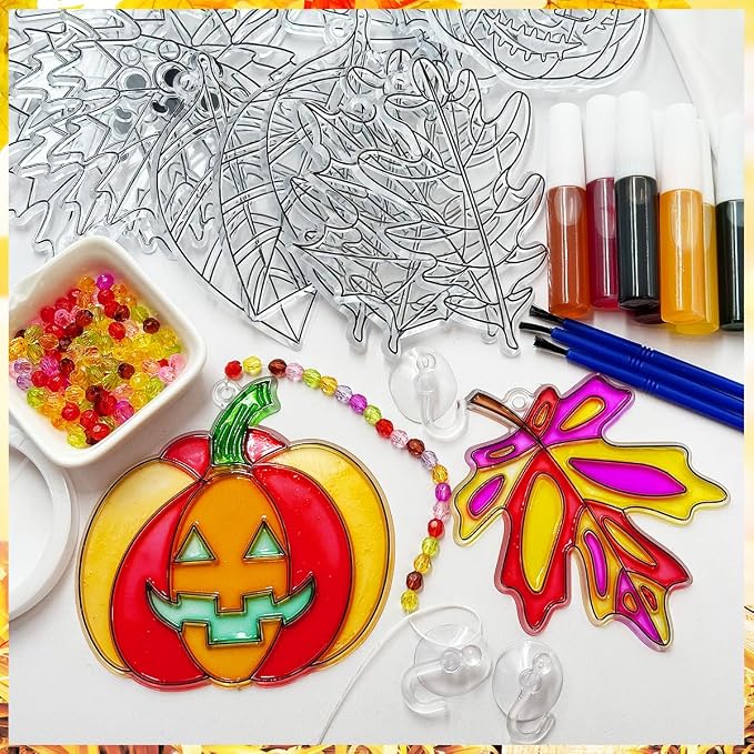 AUEKIV Fall Leaf Pumpkin Suncatcher Kit 32 Sets Pumpkin Suncatchers Window Art Paint DIY Craft Kits Autumn Maple Leaf Sun Catcher Bulk for Classroom Halloween Thanksgiving Party Art Project