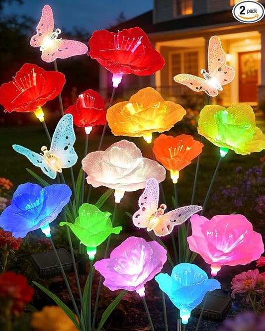 Solar Garden Lights Outdoor Waterproof 2 Pack Swaying Butterfly Light with 7- Color Changing Rose Flowers Solar Lights for Outside Garden Decor Lawn Yard Patio Path,Gifts for Mother's Day Women