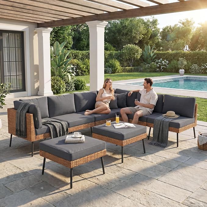 Aoxun 8-Piece Patio Furniture Set, Wicker Outdoor Furniture with Water Resistant Thick Cushions, Patio Conversation Set Outdoor Sectional Sofa with Coffee Table for Backyard Poolside, Black