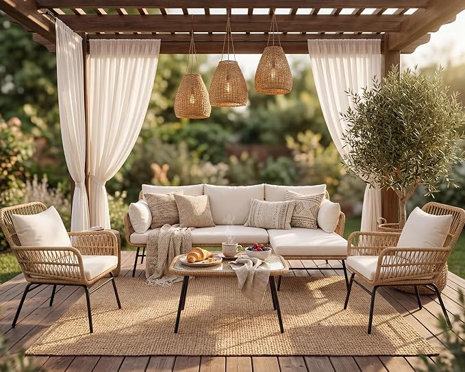 BULEXYARD 5 Pcs Boho Outdoor Patio Furniture Sets, L Shaped Natural Color Wicker Conversation Sectional Sofa w/Cozy Beige Cushion, Outdoor Chairs w/Coffee Table for Backyard Porch Deck