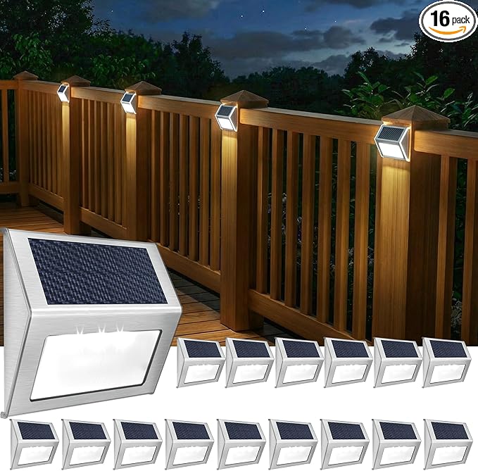 JSOT Solar Fence Lights - 16 Pack Solar Light Outdoor for Deck Stair Step-Cold White-16Pack