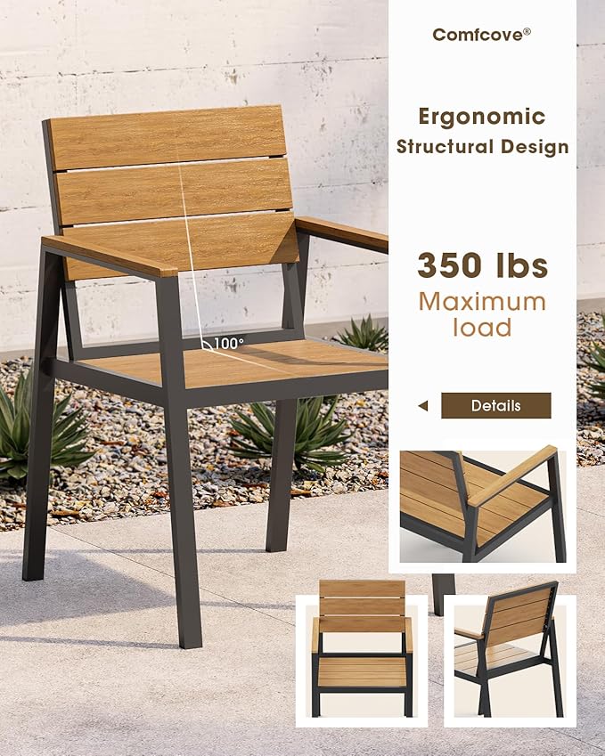 Outdoor Dining Set for 4, Aluminum Patio HDPS Outdooor Table and Chairs Set with Umbrella Hole, All Weather Patio Furniture Set, 5 Peice Patio Dining Table Set (Gray & Teak)