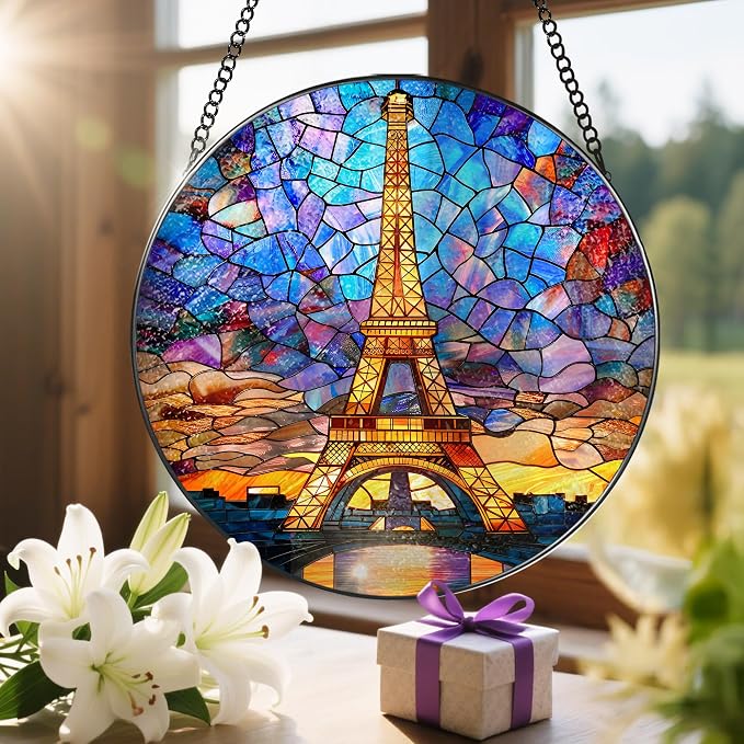 Eiffel Tower Sun Catcher, 8 Inch Stained Glass Suncatcher, Stained Glass Window Hanging, Eiffel Tower Indoor Decor, Idea Gift, Gift Exchange