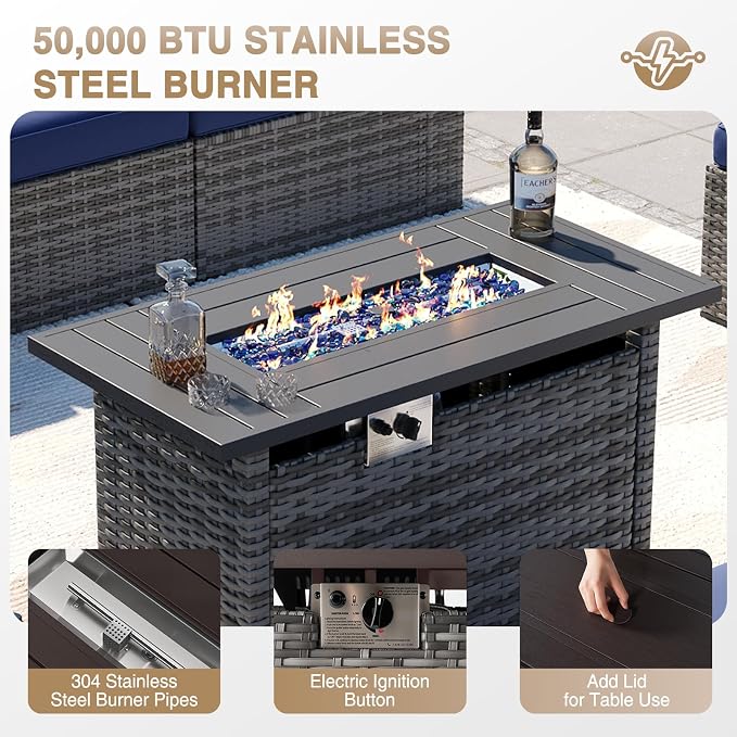 Aoxun Patio Furniture Sets, 12-Piece Outdoor Patio Furniture with 44'' Propane Gas Firepit Table, Wicker Outdoor Conversation Set Sectional Sofa for Backyard, Poolside, Garden