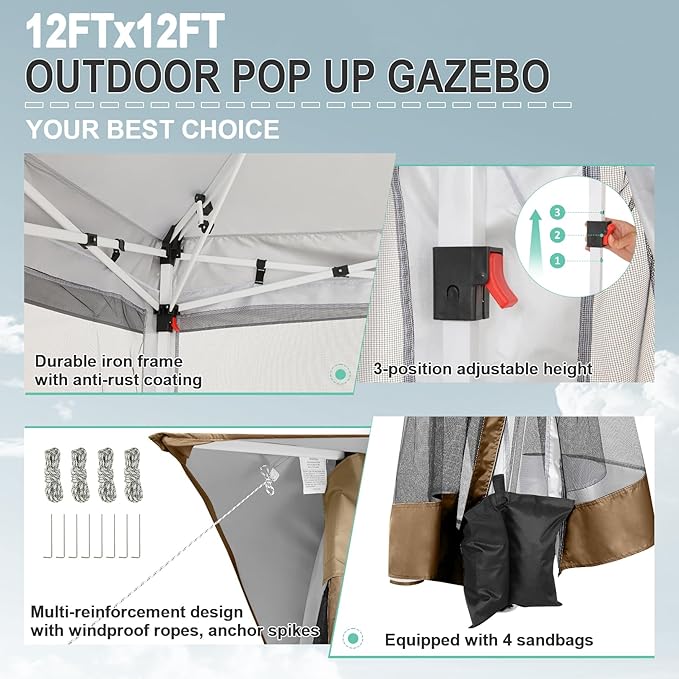 COBIZI 12x12 FT Pop up Gazebo on Clearance Canopy Tent, Carpas para Patio, Easy up Outdoor Canopy Tents with Portable Storage Bag for Backyard, Outdoor Waterproof Gazebos for Garden,Camping, Brown