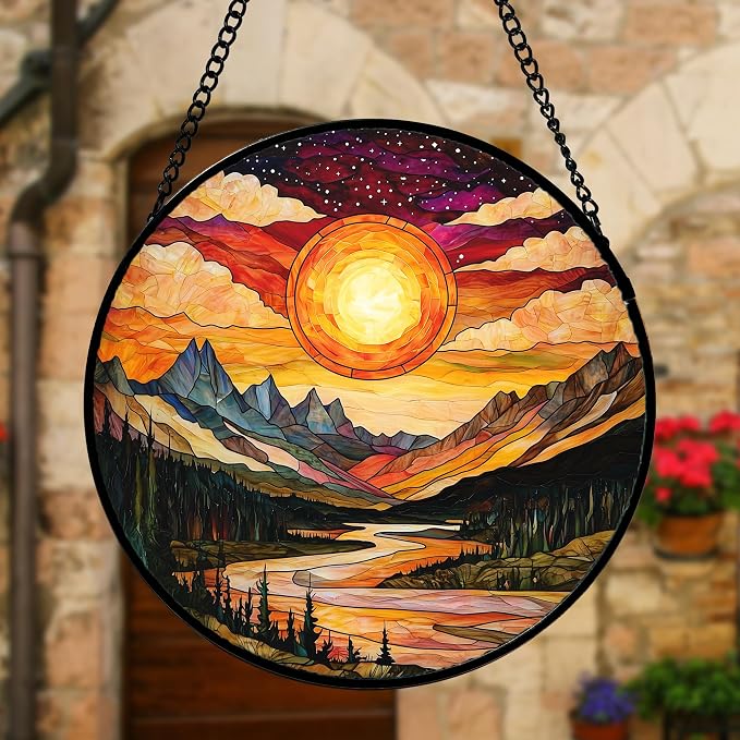 DASTOLL Stained Glass Window Hanging, Dusk Sunset Landscape Sun Catchers Glass Panel Lakes and Mountains Suncatcher Decor for Birthday for Women, Men, Wife, Aunt, and Mom 11.8x11.8 in