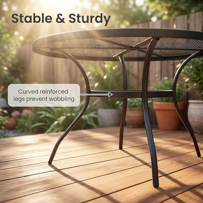 Round Metal Mesh Patio Dining Table for 4, 42" Black Electroplated Steel Outdoor Dining Furniture Table with Umbrella Hole, Rust-Resistant Patio Furniture for Backyard, Porch, Deck