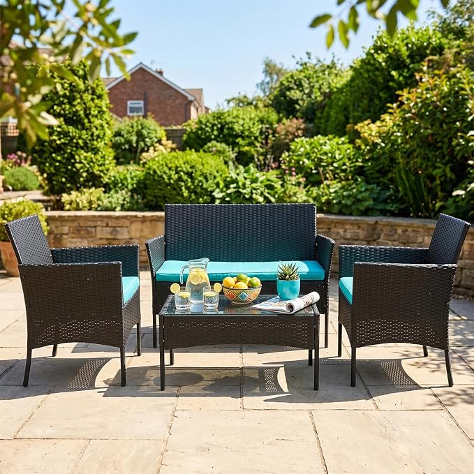 FDW | 4-Piece Patio Furniture Set | Blue | Outdoor Wicker Furniture with Coffee Table | Modern Rattan Chairs Conversation Set | Outdoor Seating | Weather-Resistant | for Porch, Garden, Lawn