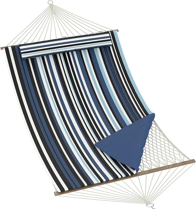 2 Person Outdoor Hammock with Stand - Cotton Rope & Polyester Pad - Adjustable Steel Frame - Relaxing Patio, Garden, Beach Lounger - Dark & Light Blue Stripes