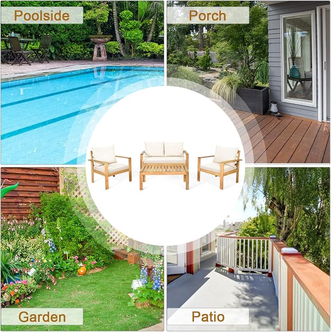 HAPPYGRILL 4 Piece Patio Furniture Set Outdoor Conversation Set Wood Sofa Table Set with Cushions, Acacia Wood Chairs & Coffee Table Set for Garden Backyard Poolside