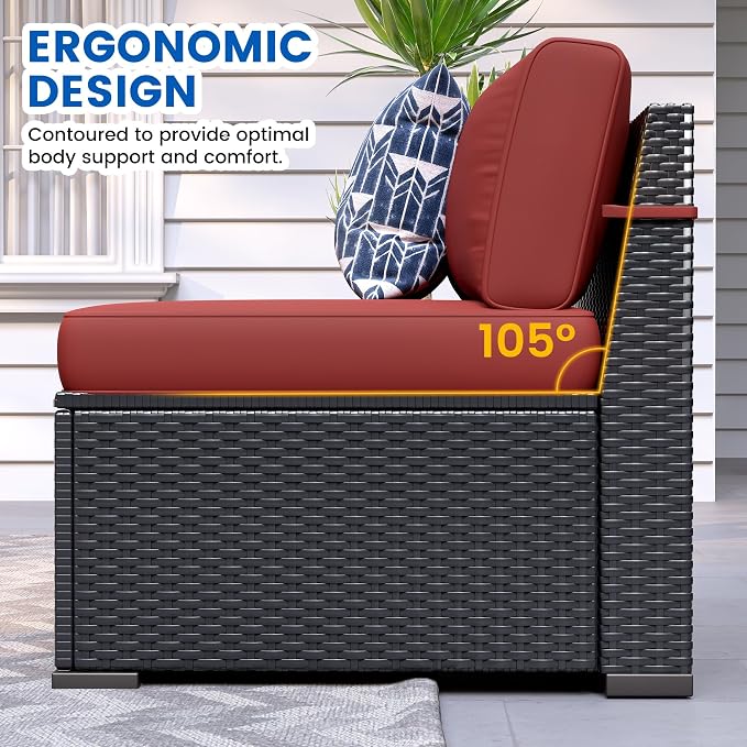 8 Piece Patio Furniture Set with 44” Fire Pit Table All-Weather Wicker Conversation Sectional Sofa & Coffee Table with Thickened Cushions for Backyard, Garden(Wine Red)
