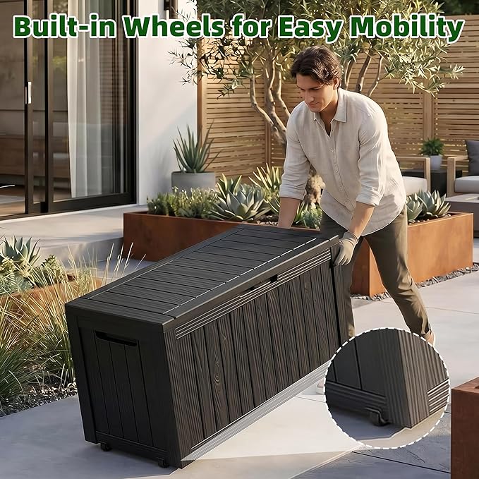 EasyUp 92 Gallon Reinforced Resin Deck Box – Waterproof & UV-Resistant Outdoor Storage, Large Capacity Patio Storage Bin for Furniture Cushions, Throw Pillows, Garden Tools, Pool Floats, Black