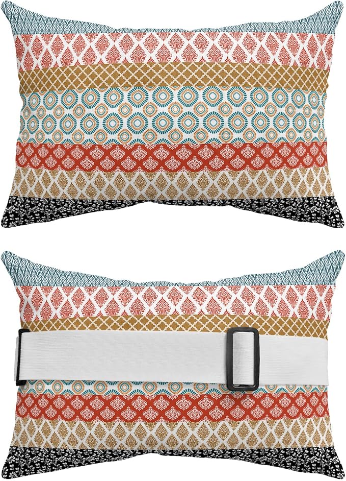 Outdoor Pillows Covers with Inserts Boho Geometric Floral Stripe Ethnic Turquoise Orange Waterproof Pillow with Adjustable Strap Throw Pillows for Patio Furniture Recliner Lounge Chair, 11"x16", 1PCS
