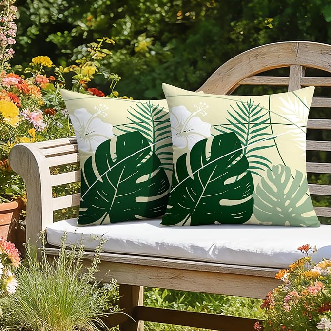 OTOSTAR Outdoor Waterproof Throw Pillow Covers 20x20 Inch Set of 2 Double-Sided Green Tropical Leaf and Flower Spring Summer Decorative Pillow Cases for Patio Funiture Garden Balcony Couch