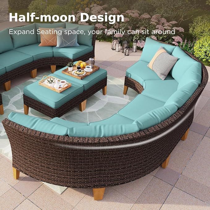 PHI VILLA 7-Piece Half Moon Patio Furniture Set with 56" Fire Pit Table, Outdoor Wicker Sectional Sofa with Aqua Blue Cushions, Large Curved Conversation Seating for Garden or Backyard
