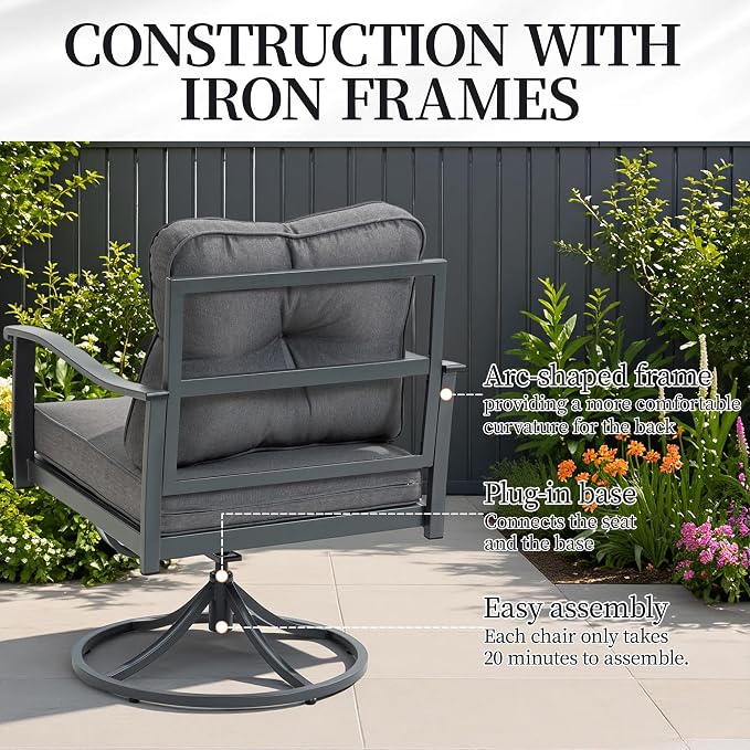 Patio Swivel Rocker Chairs Set of 2, Outdoor Patio Conversation Sets with Rocking Armchairs, Swivel Rocker Chairs, Porch Dark Grey