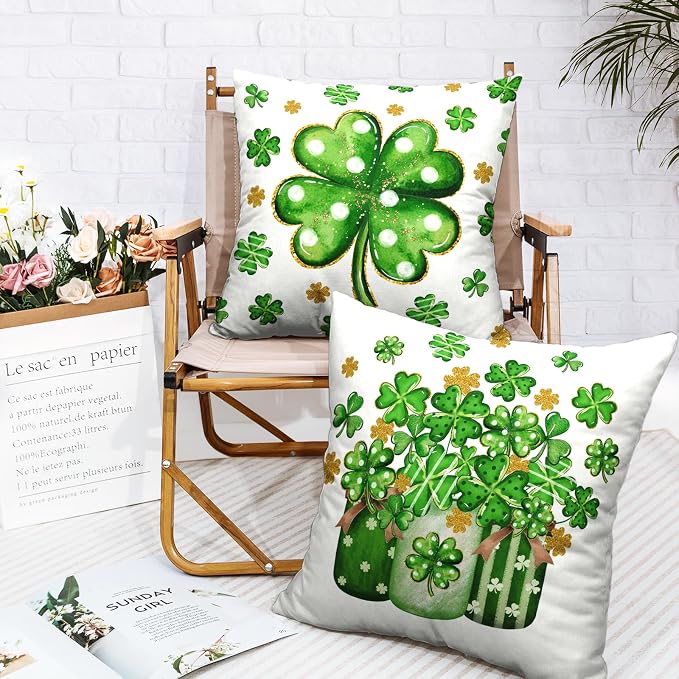 St Patricks Day Pillow Covers Gold Green Lucky Shamrock Vase Throw Pillow Covers 18x18 Set of 2 Polka Dots Clover Pillowcases March Holiday Cushion Cases for Sofa Home Decor