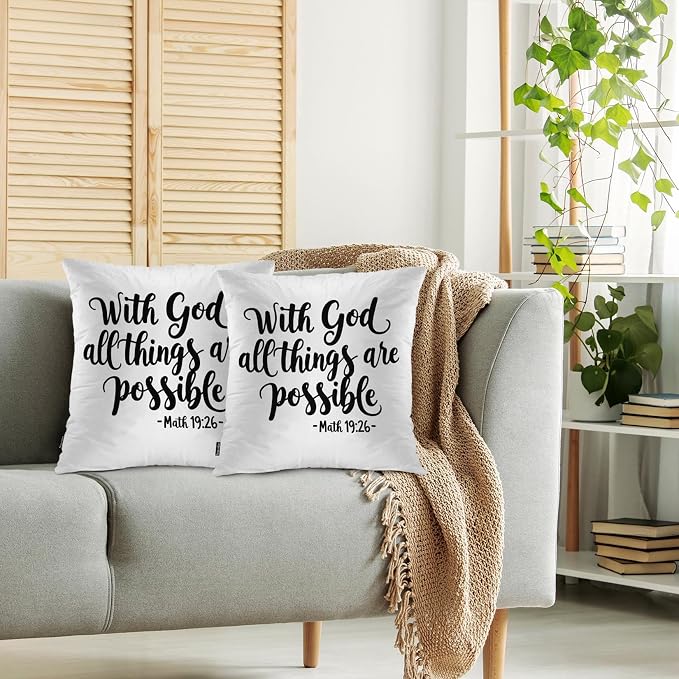 Swono Home Decorative Throw Pillow Covers Bible Quote, Hope with God All Things are Possible Set of 2 Pillow Case Cushion Cover for Sofa Couch Bed Christian Verse Pillows Covers Decor 18x18 Inch