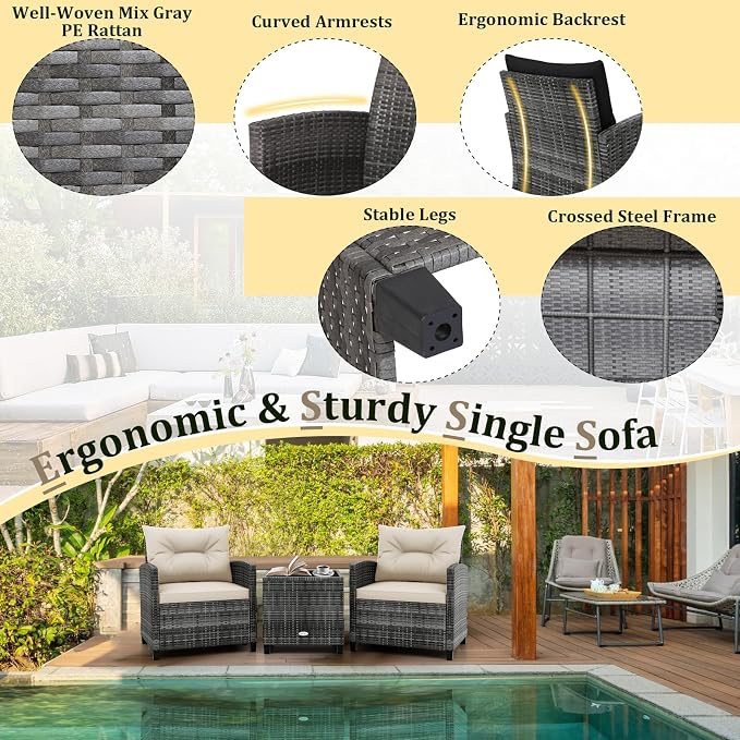 HAPPYGRILL 3 Pieces Patio Conversation Set PE Rattan Outdoor Furniture Sofa Set with Removable Cushion, PE Wicker Chairs with Tempered Glass Side Table for Porch Lawn Garden Balcony Backyard