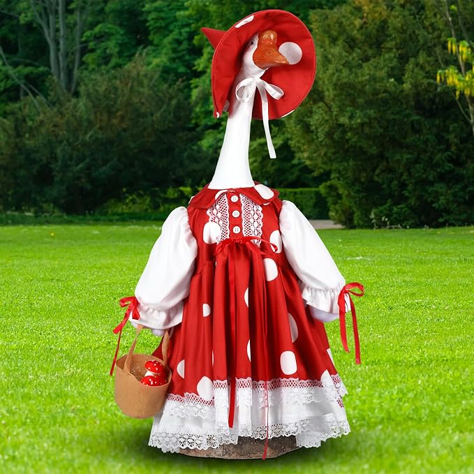 Soulchen 1 Set Mushroom Porch Goose Outfit 23 Inch Cement Mushroom Goose Clothes Dress and Hat Costume Set for Christmas Summer Fall Lawn Garden Yard Decor