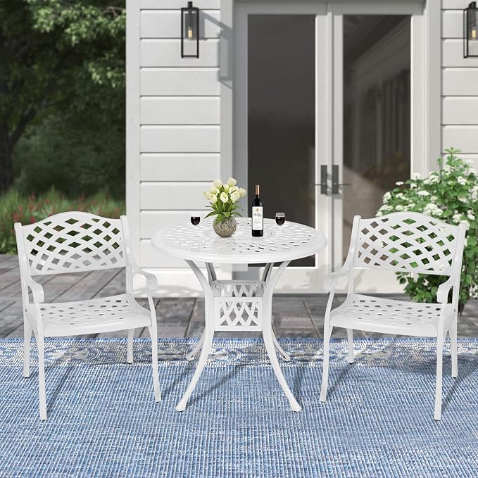 MEETWARM 3 Piece Patio Bistro Set, Outdoor All-Weather Cast Aluminum Dining Furniture Set Includes 2 Chairs and a 31” Round Table with Umbrella Hole for Garden Deck, White
