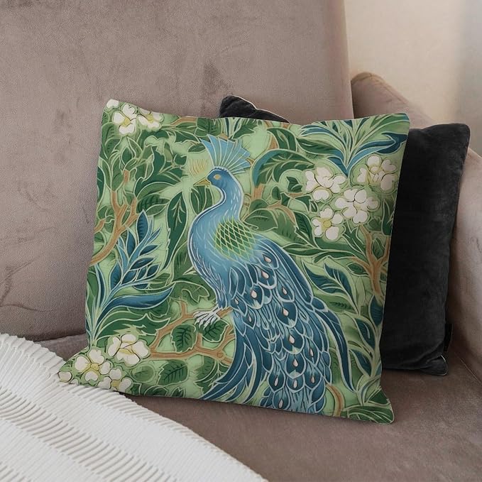 Aqua and Green Chinoiserie Cushion Cases Green Peacock Animal Asian Throw Pillow Cover Modern Outdoor Waterproof Decorative Pillow Cover for Patio Couch Sofa Office 22x22 in