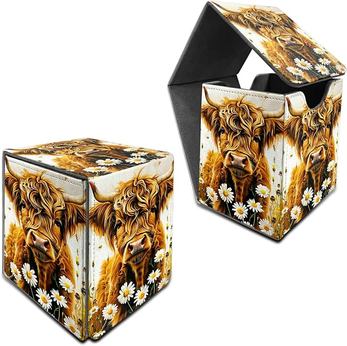 Deck Box for MTG, Cards Storage Box Fits 120+ Sleeved, Leather Medium Size Strong Magnetic Closing Card Case for Board Games Magic TCG CCG Baseball Collection, Flower Yellow Cow