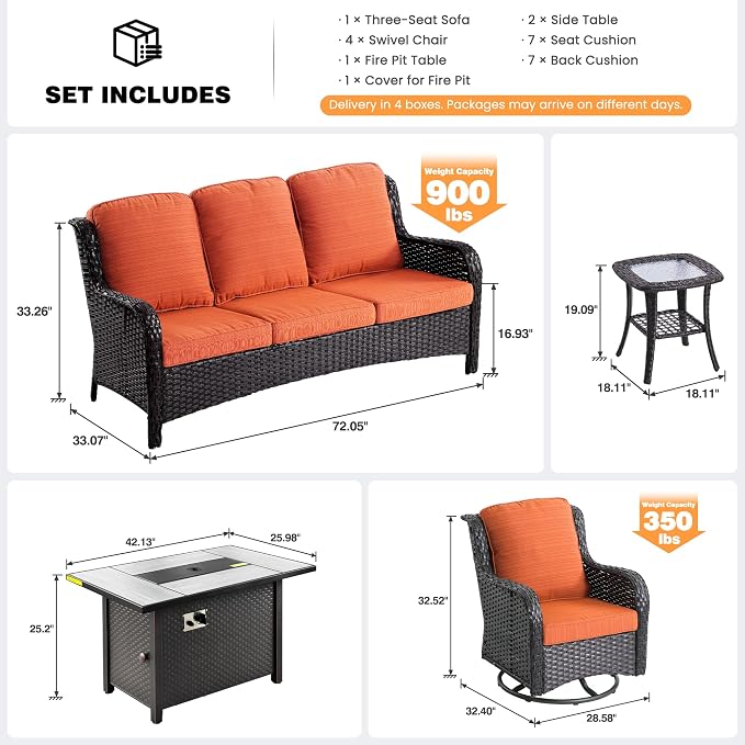 ovios 8-Piece Patio Furniture Set with Swivel Chairs Side Table, Outdoor Wicker Sofa with 42" Fire Pit Table, High Back Couch Modern Conversation Sets, Brown/Orange Red