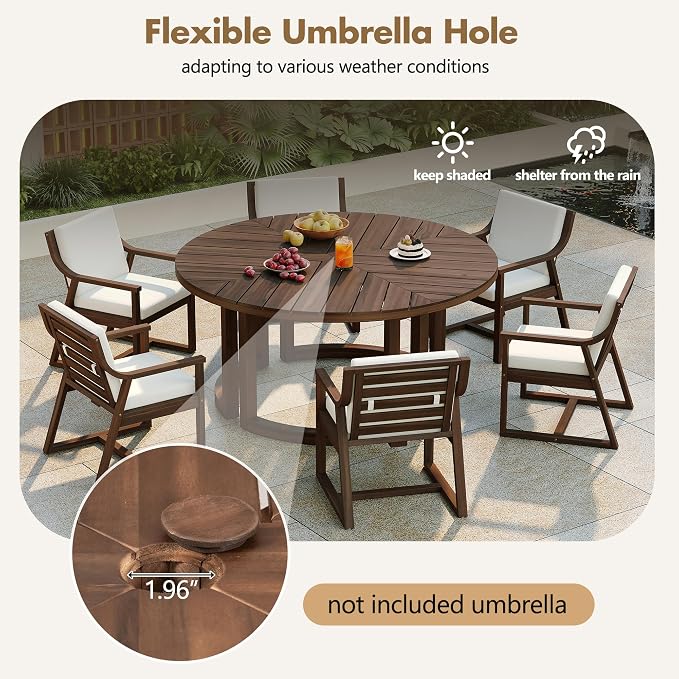 7-Piece Patio Dining Table Sets, Round Outdoor Acacia Wood Dining Furniture Set with Umbrella Hole Cut-Out Table and 6 Chairs, Matching Removable Cushions,Mocha