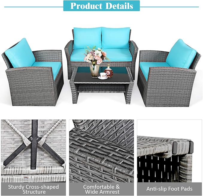Tangkula 4 Pieces Patio Furniture Set, All Weather Outdoor Sectional Rattan Sofa Set with Cushions & Tempered Glass Table, Wicker Conversation Couch Set for Backyard Garden Poolside (Turquoise)