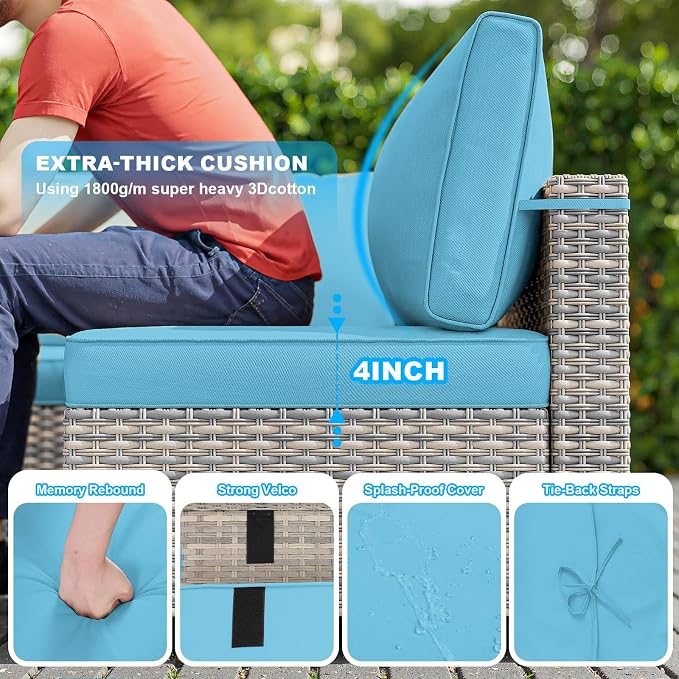 13-Piece Patio Furniture Set, Outdoor Patio Furniture with Swivel Chairs Set, Ottomans, 55,000 BTU Fire Pit Table, Modular Patio Sofa, Dual-Strand Wicker Rattan, Rust-Resistant Frame, Lake Blue