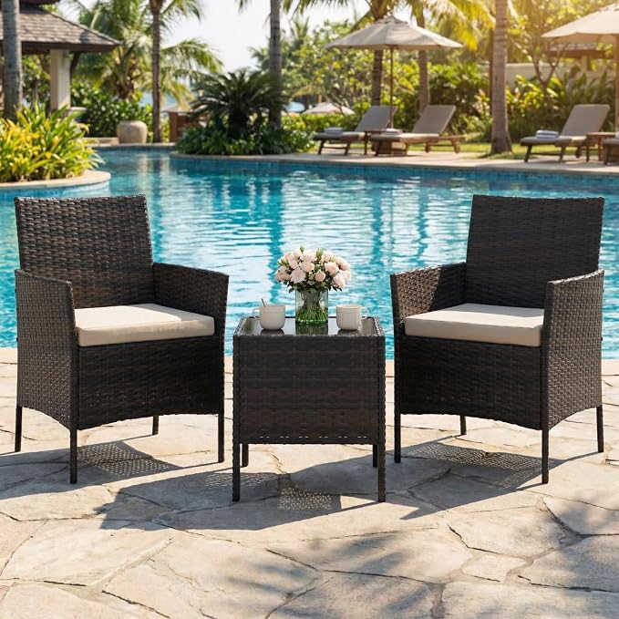 3-Piece Outdoor Furniture Set, PE Rattan Wicker Chairs with Soft Cushions & Tempered Glass Coffee Table - All-Weather Patio Set for Garden, Backyard, Porch, Poolside (Brown/Beige)