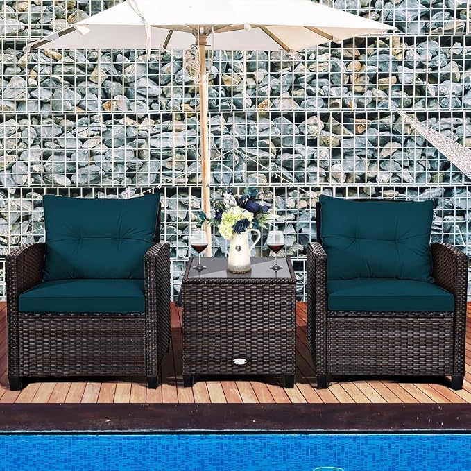 DORTALA Wicker Patio Furniture Set 3 Piece, Outdoor Table and Chairs with Tempered Glass Tabletop, Cushions, Small Rattan Conversation Sofa Set for Balcony, Porch, Backyard, Deck, Peacock Blue
