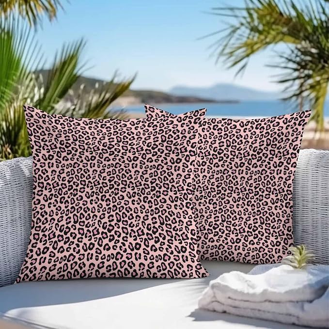 Vandarllin Outdoor Throw Pillows Covers 16x16 inch Set of 2 Waterproof Pink Leopard Print Decorative Zippered Cushion Covers for Patio Furniture, Luxury Animal Fur Pattern Lumbar Pillowcases