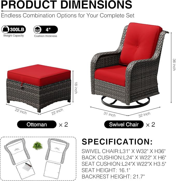 Joyside 4 Piece Wicker Patio Furniture Set, Outdoor Swivel Rocker Patio Chairs with High Back, Deep Seating, Wide Armrest, Thickened Cushions, Outdoor Furniture for Deck, Porch Use
