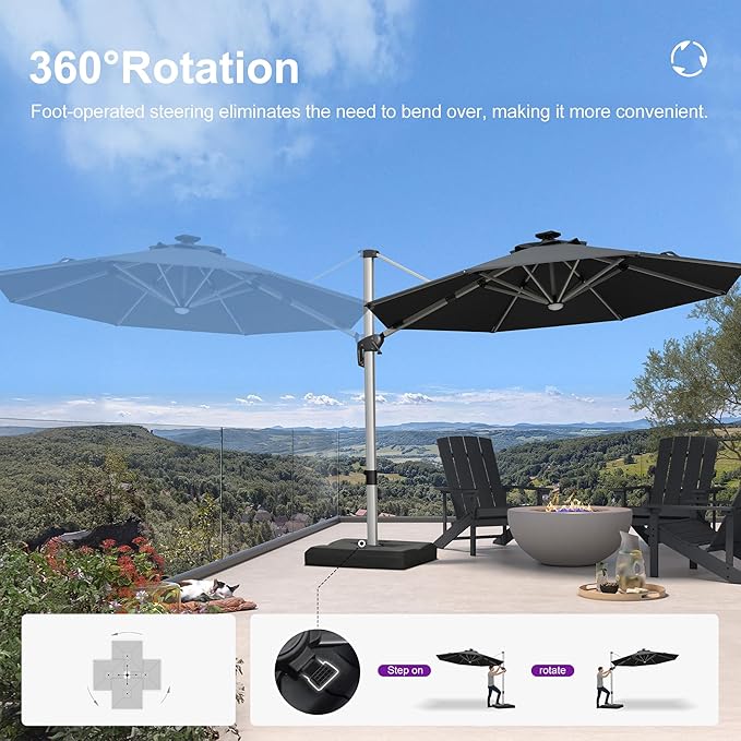 PURPLE LEAF 10ft Patio Umbrella with Lights Outdoor Round Cantilever Solar Powered LED Umbrella with 360-degree Rotation for Garden Deck Pool Patio, Grey