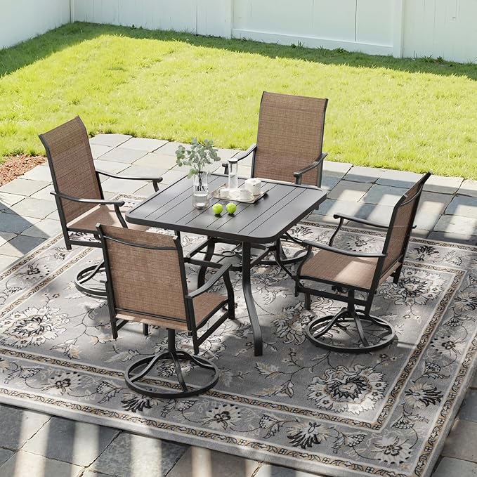 Soohow Patio Dining Set for 4, 5 Piece Outdoor Table and Chairs Set, 4 x Swivel Patio Chairs with Textilene Fabric and 35"x35" Outdoor Dining Table with 1.57" Umbrella Hole for Poolside, Backyard