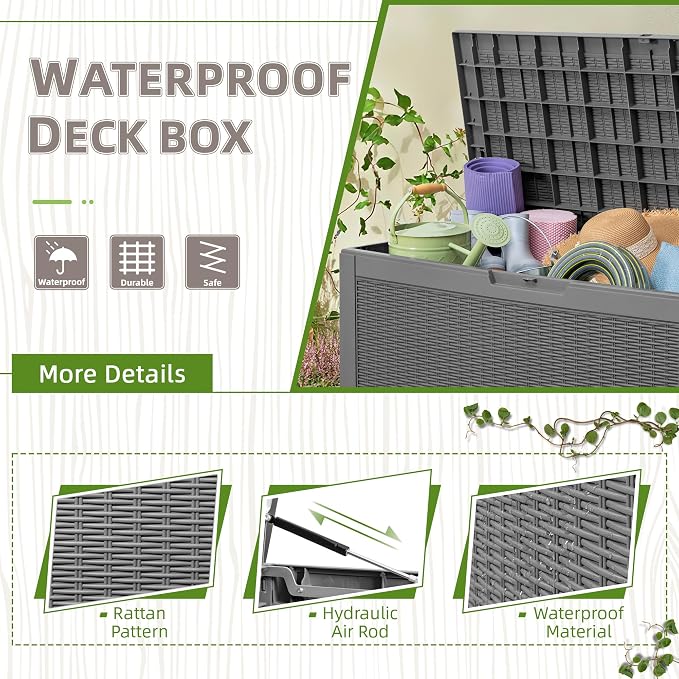 Homall 100 Gallon Large Resin Deck Box Waterproof Outdoor Storage with Padlock Indoor Outdoor Organization and Storage Container for Patio Furniture Cushions, Garden Tools (Grey)
