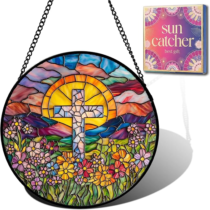 Christian Gifts for Women - Flower Cross Faux Stained Glass Window Hanging Sun Catcher for Acrylic Home Decor Mother's Day Christmas Easter Religion Gift for Mom Nana Men Grandma Wife Dad 11.8"