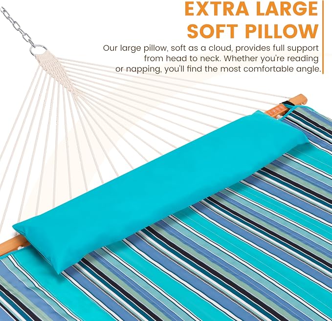 Lazy Daze Hammocks 2 Person Portable Hammock with 12FT Stand, Double Hand Woven Cotton Rope Hammock with Detachable Quilted Pad & Pillow for Outside, 450lb Capacity, Blue Stripes