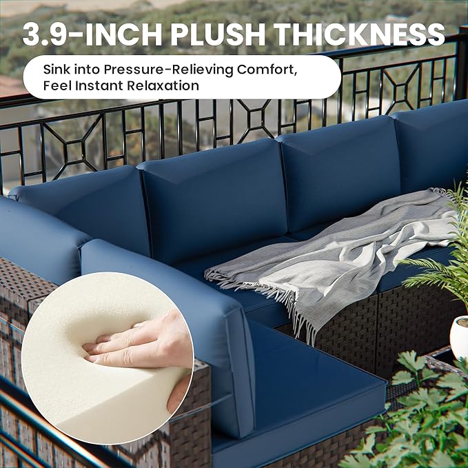 7 Pieces Outdoor Patio Furniture Set,Outdoor Sectional Furniture All Weather PE Rattan Wicker Patio Conversation Set with Coffee Table and 6 Thickened Cushions,Navy Blue