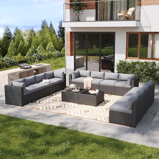 LazySunsets 14 Piece Outdoor Patio Furniture Set with Coffee Table, Outdoor Patio Furniture Set with 4'' Thicken Cushion, Wicker Rattan Outdoor Conversation Set for Backyard & Garden, Light Grey