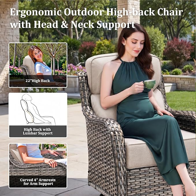 Luxury Outdoor Swivel Rocker Patio Chairs Set of 2 with 6-Inch Thick Cushions, High Back Swivel Patio Chairs Wicker Outdoor Gliders for Porch, Yard, Deck, Poolside, Grey/Beige